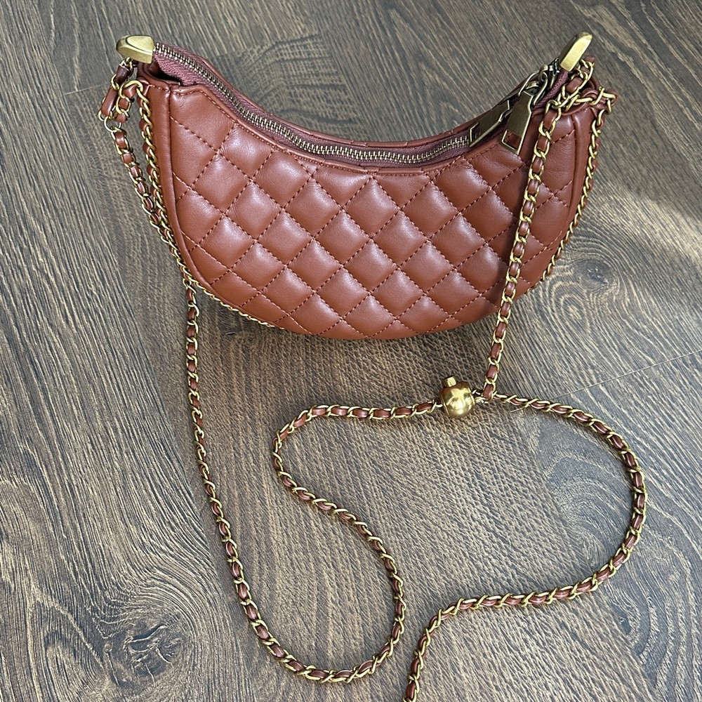 Quilted Brown Adjustable Chain Shoulder Crossbody Bag